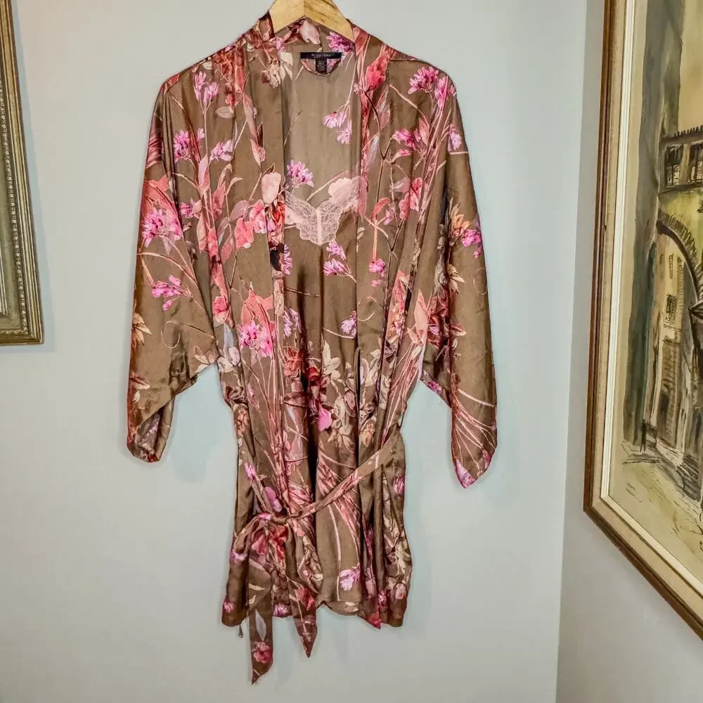 Midnight Bakery Floral Satin Kimono Robe & Lace Trim Slip Dress Set Size L